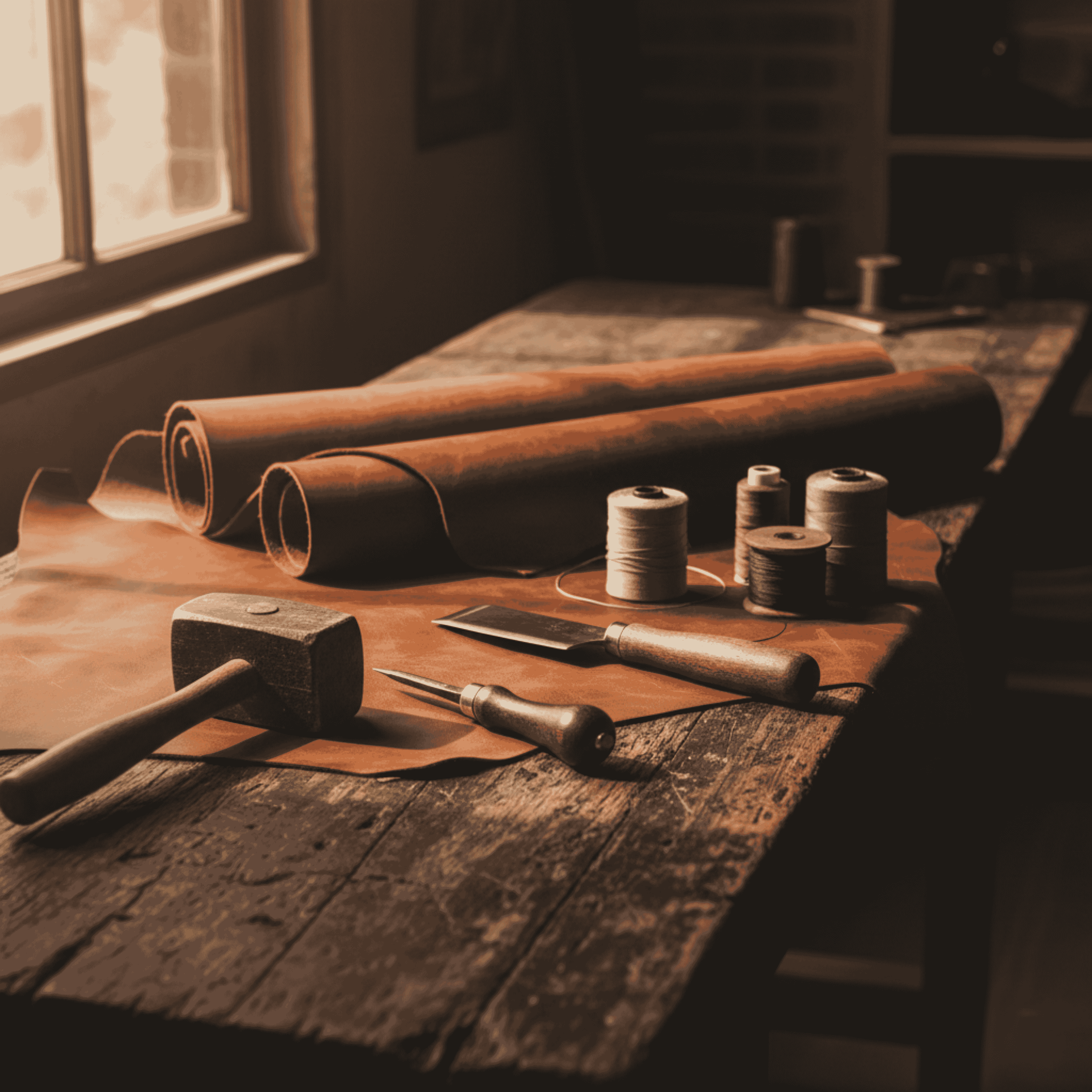 A beautifully composed still life of handcrafted leather, artisan tools, and thread in the Jeengar workshop, representing the full collection of handmade goods.
