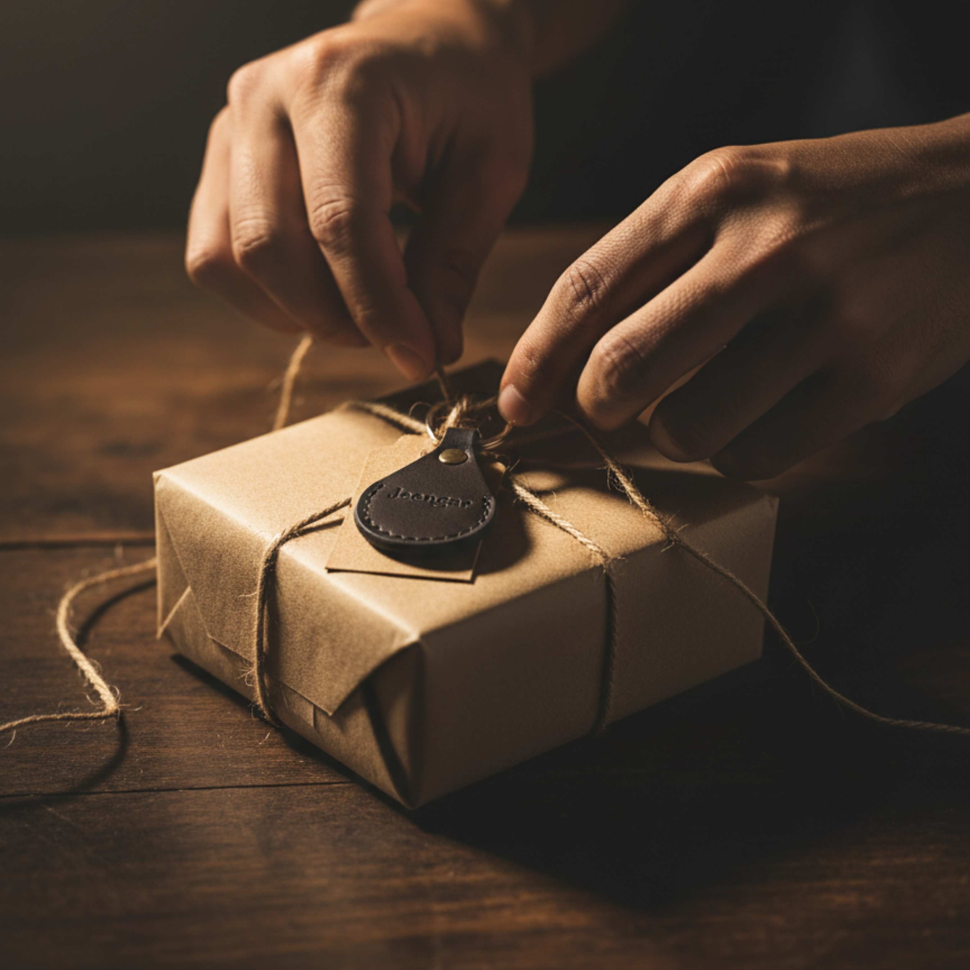 Hands carefully wrapping a small, handcrafted Jeengar leather accessory, representing a thoughtful, artisanal gift.