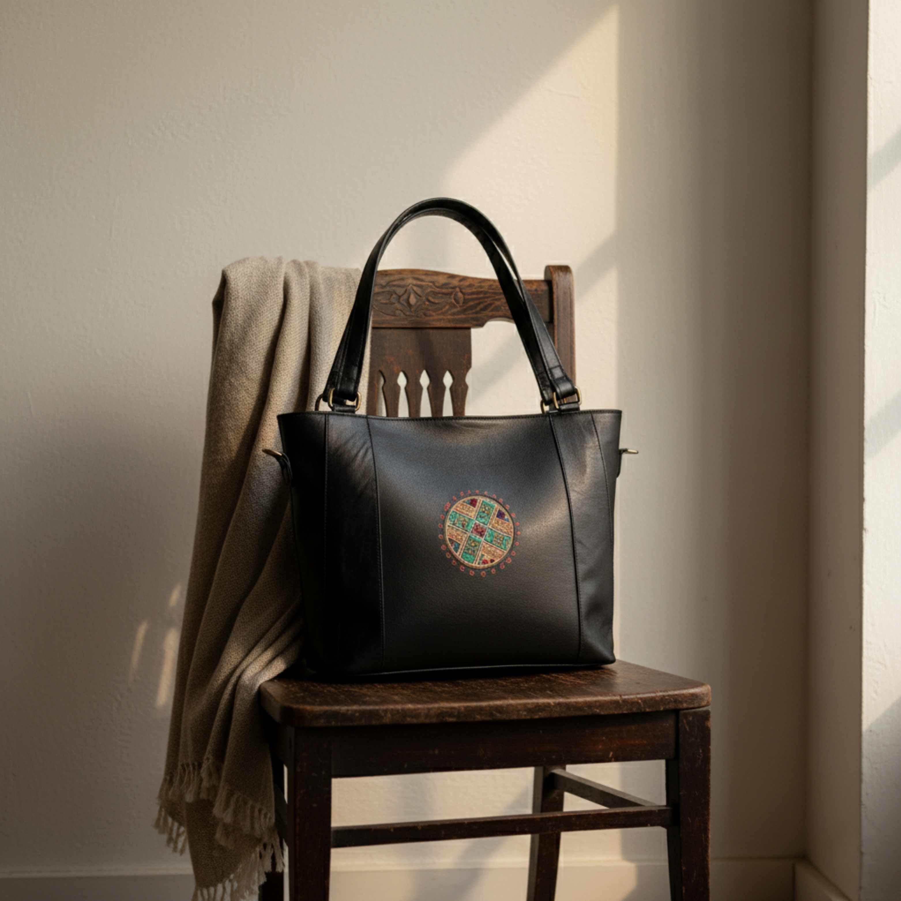 A handcrafted Jeengar leather tote bag resting elegantly on a wooden chair, representing the Shoulder & Tote Bags collection.