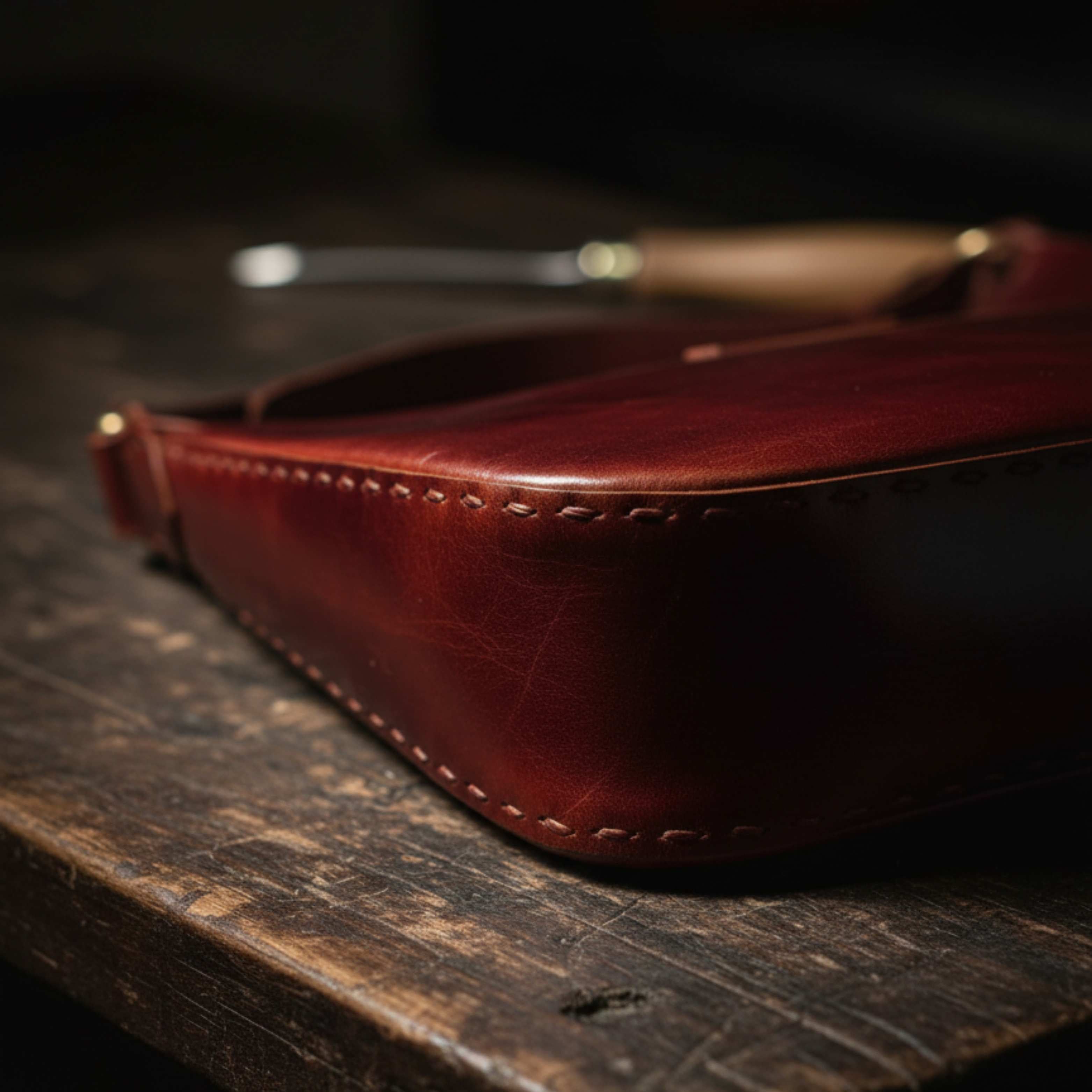 A dramatic macro shot of the bold, hand-sewn saddle-stitching on a handcrafted Jeengar leather bag, highlighting the authentic craftsmanship.
