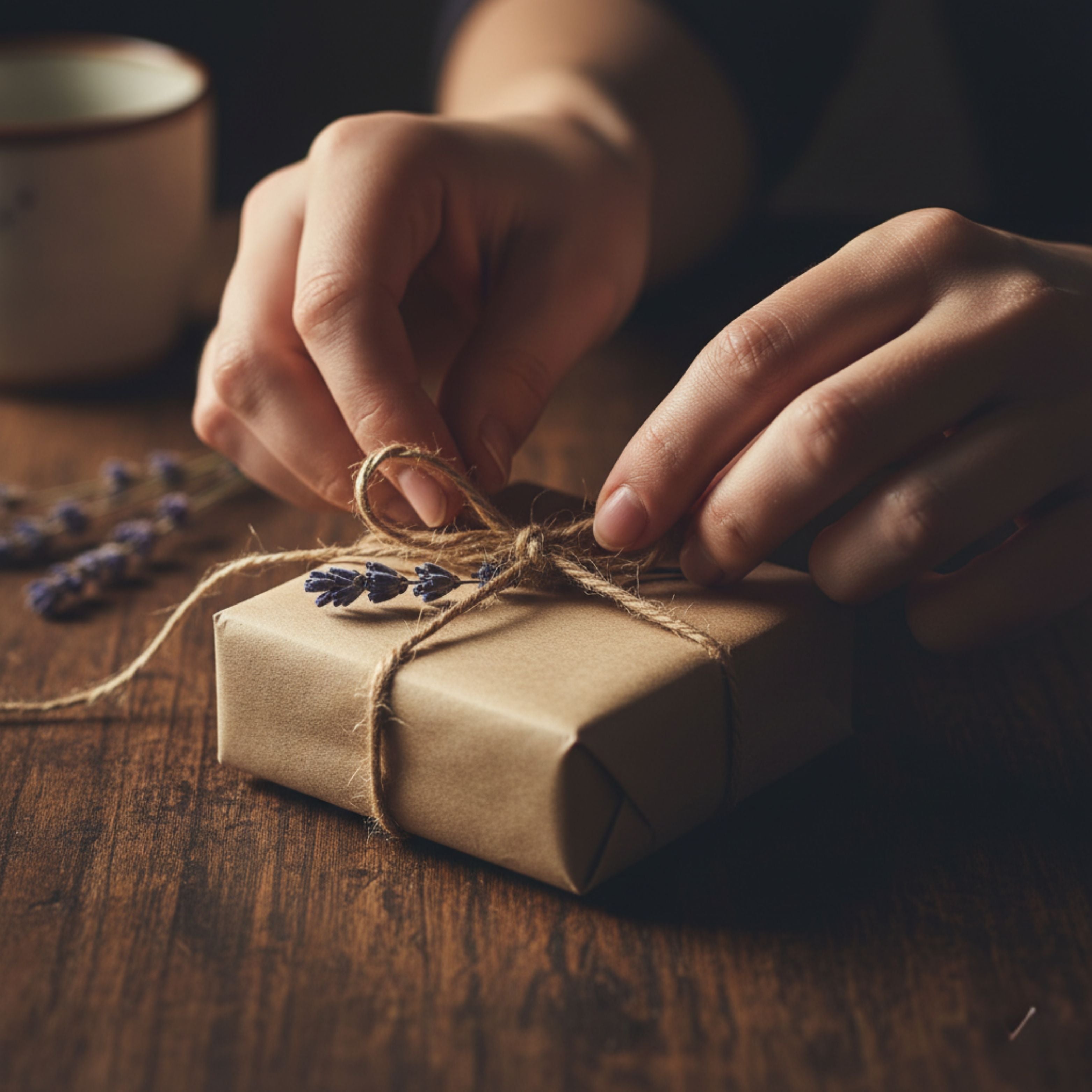 Hands carefully wrapping a Jeengar leather gift with signature kraft paper and twine, representing our thoughtful, artisanal gift presentation service.