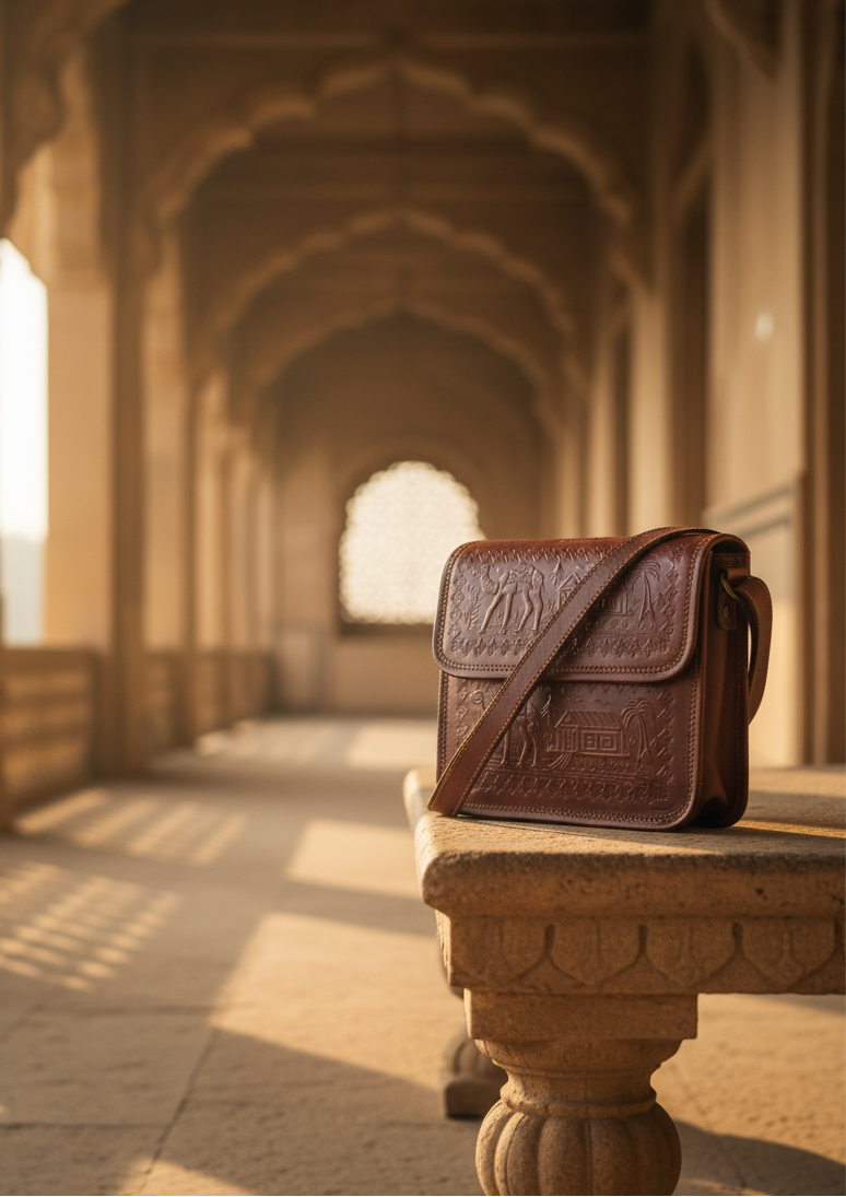 A handcrafted brown leather sling bag from Jeengar resting on an ancient stone bench, representing 500 years of Rajasthani artisan legacy.