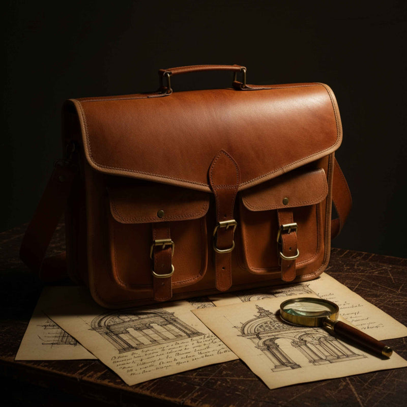 A handcrafted Jeengar leather bag from the Archive collection, styled like a historical artifact on a scholar's desk with antique letters.