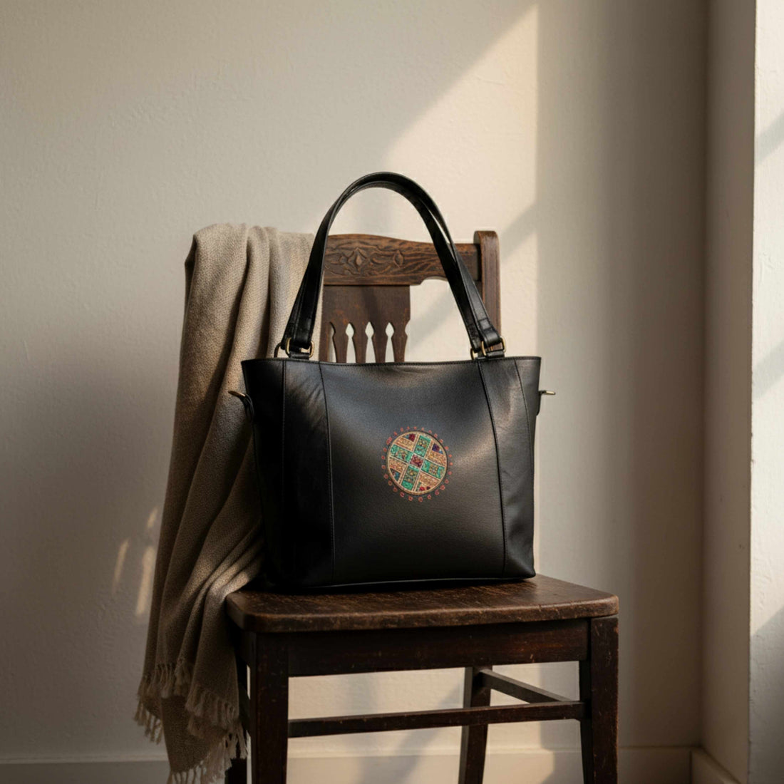 A handcrafted Jeengar leather tote bag resting elegantly on a wooden chair, representing the Shoulder & Tote Bags collection.