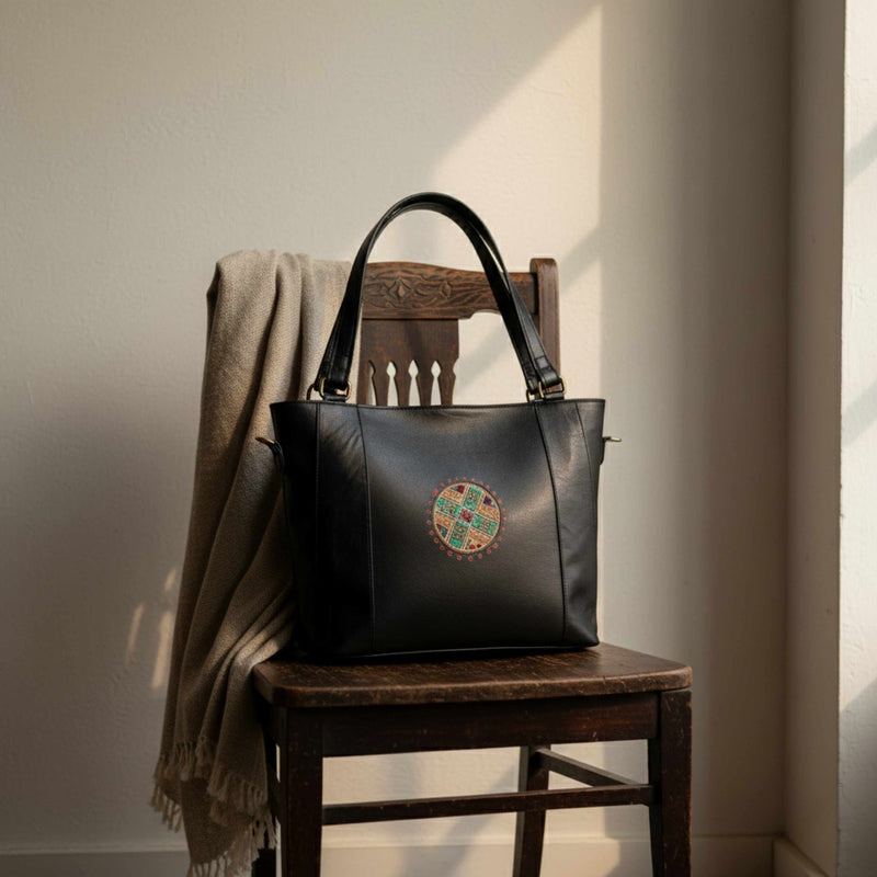 A handcrafted Jeengar leather tote bag resting elegantly on a wooden chair, representing the Shoulder & Tote Bags collection.