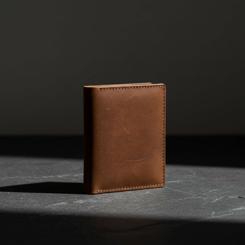 A minimalist handcrafted leather wallet from the Jeengar Jodhpur Minimalist collection, presented as a sculpture with dramatic, artistic lighting.
