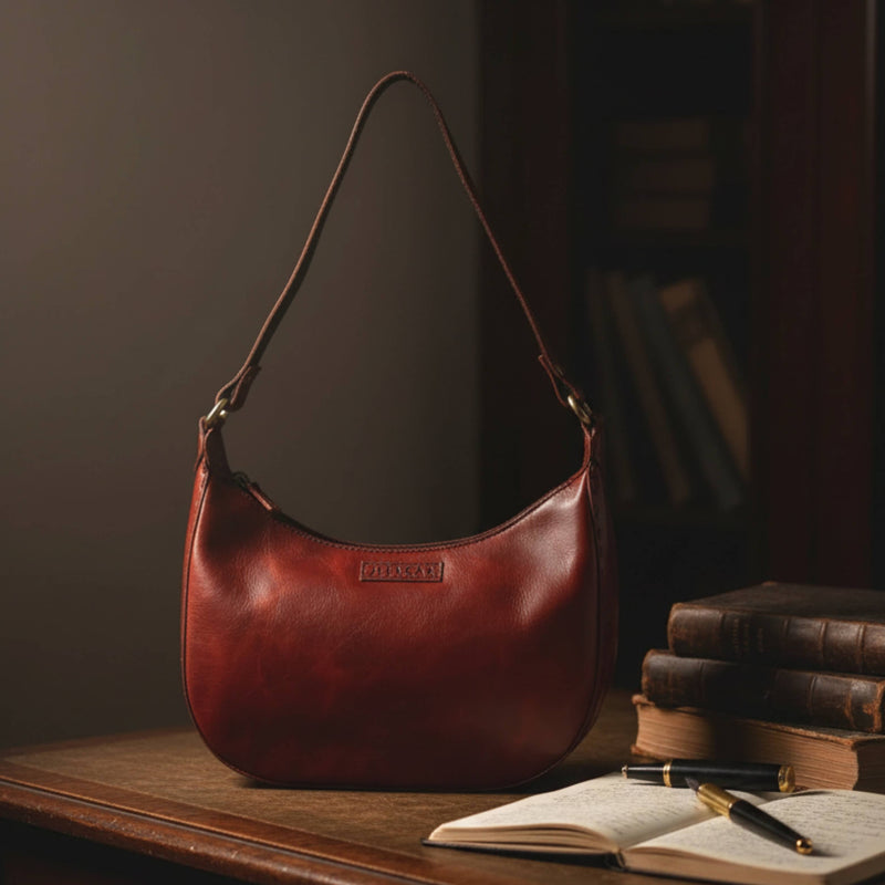 A Jeengar handcrafted leather bag styled as a signature heirloom, resting on an antique desk with vintage books and a journal.