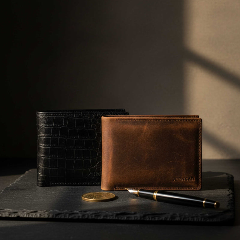 A sophisticated still life of Jeengar's handcrafted leather wallets and accessories, arranged on a dark slate surface with dramatic lighting.