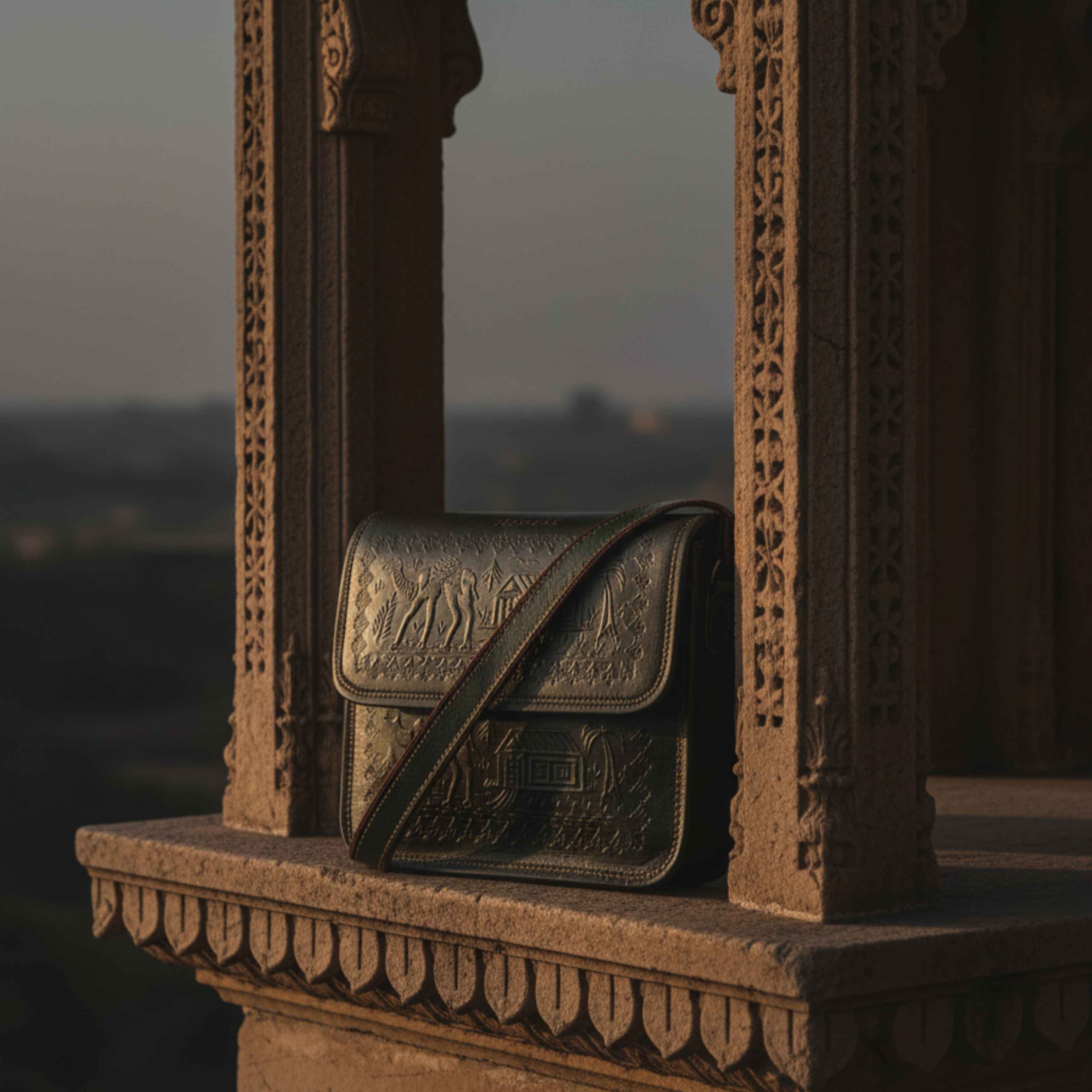 A handcrafted Jeengar Storyteller leather bag resting in an ancient Rajasthani palace window, evoking a 500-year legacy of craft and history.