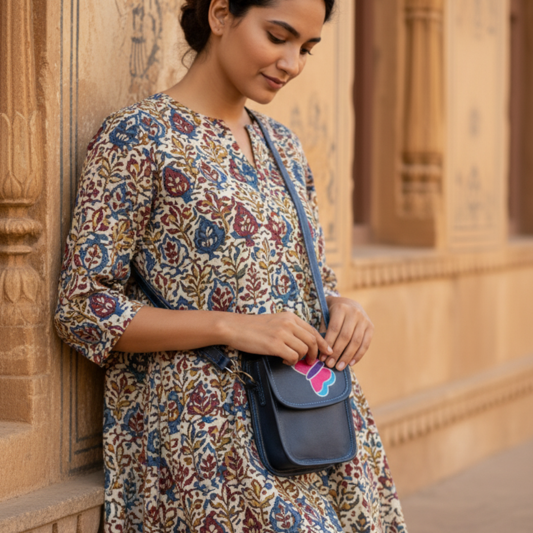 Woman in a patterned dress holding a blue leather handbag with a pink butterfly design, standing against an architectural background.