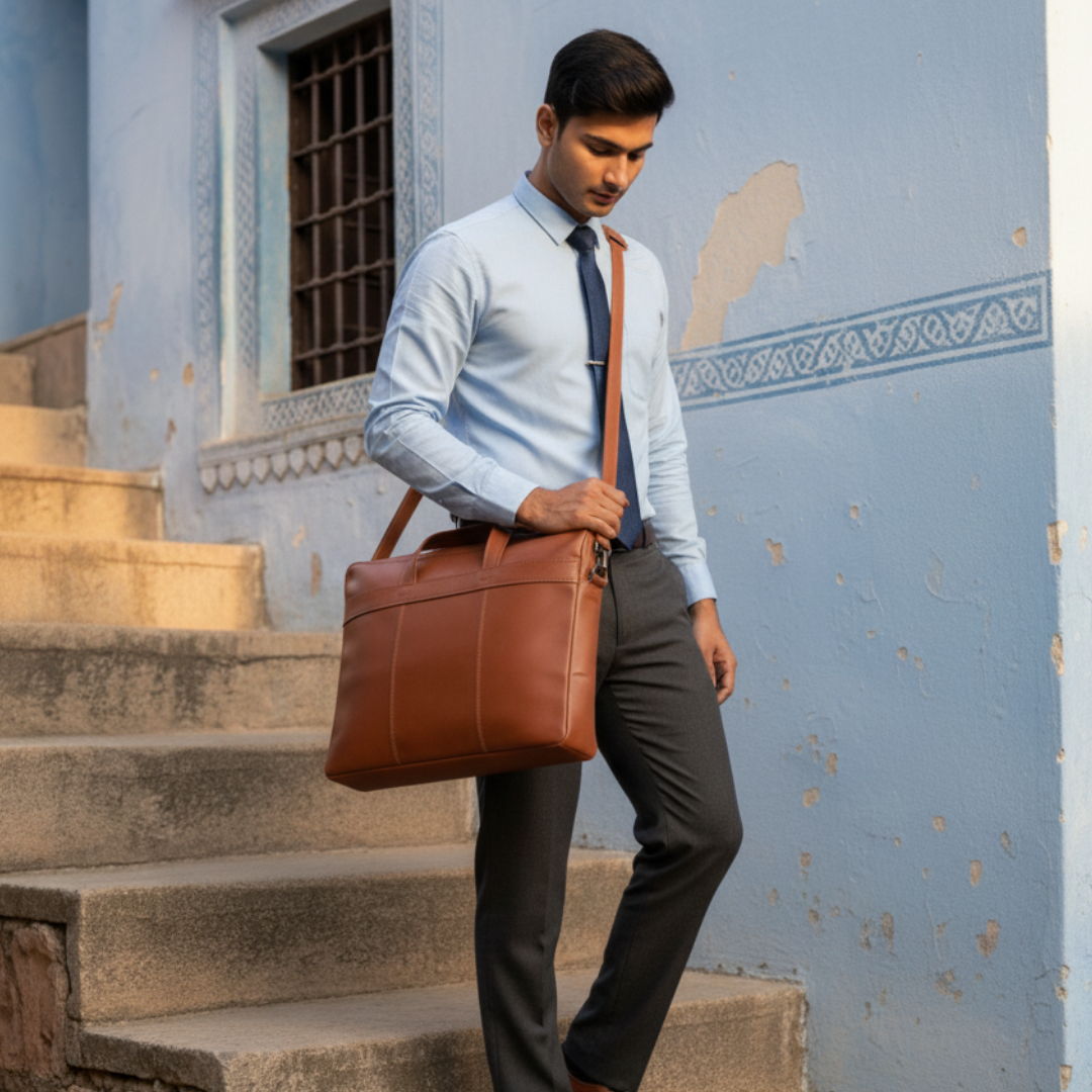 The Mehrangarh Briefcase - A Genuine leather laptop bag for men by Jeengar