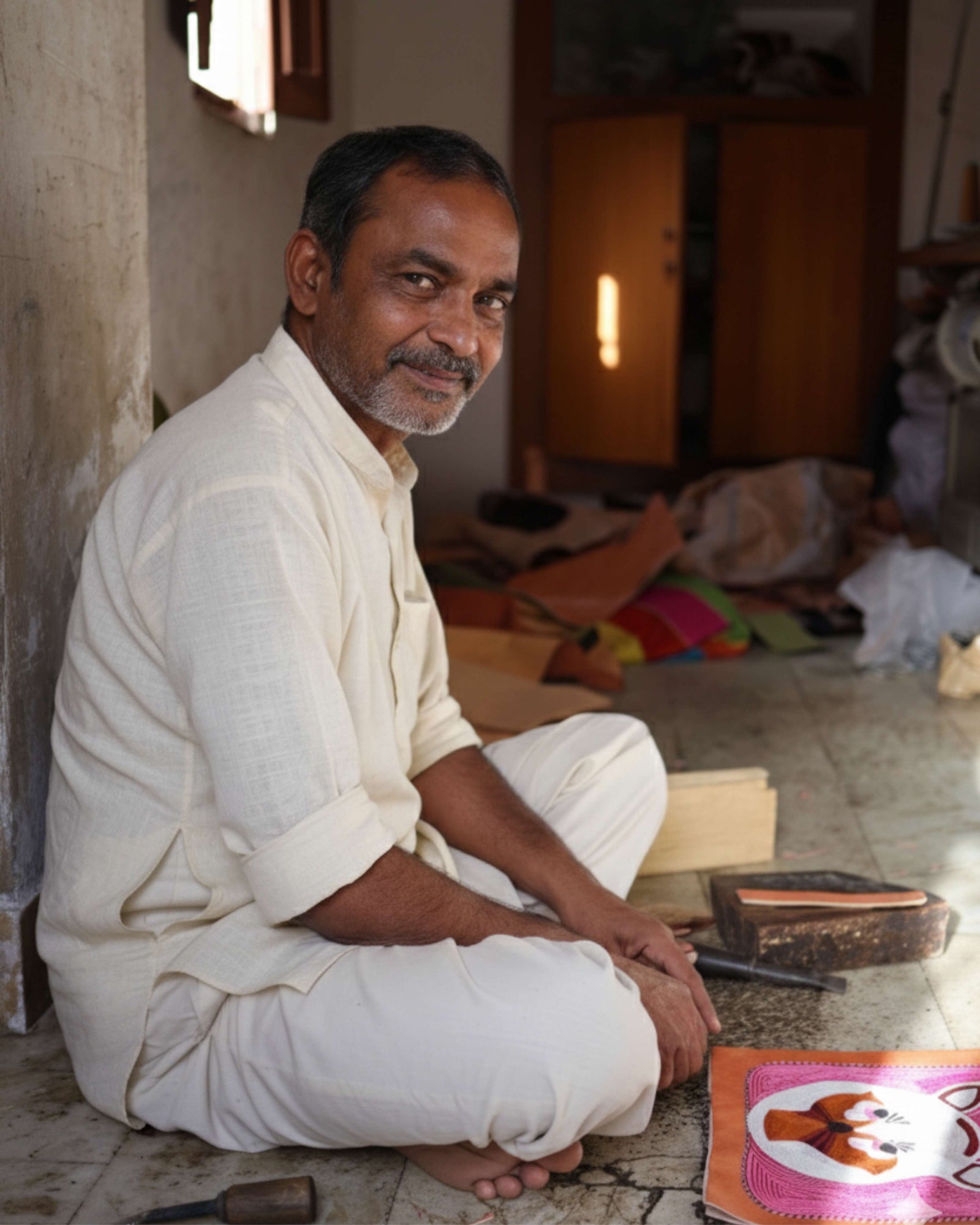 Harish Jeengar Artisan - Man sitting on the floor in a room with books and a colorful object.
