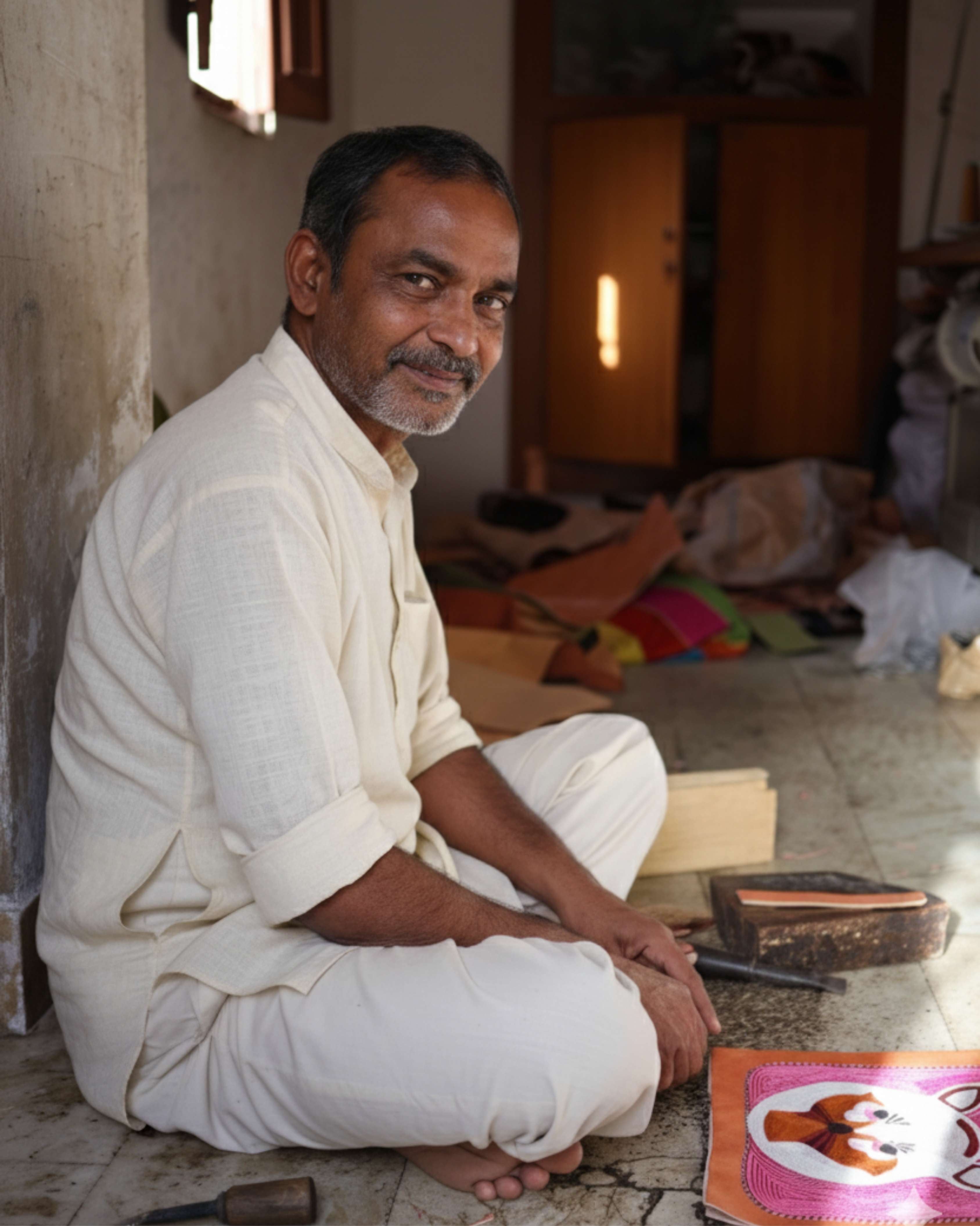 Harish Jeengar Artisan - Man sitting on the floor in a room with books and a colorful object.