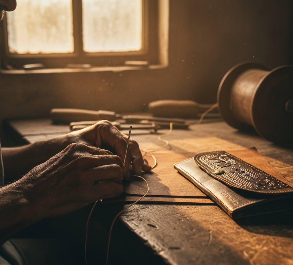 Close-up of a master artisan's hands meticulously hand-stitching a piece of dark brown leather, showcasing the timeless craft of Jeengar