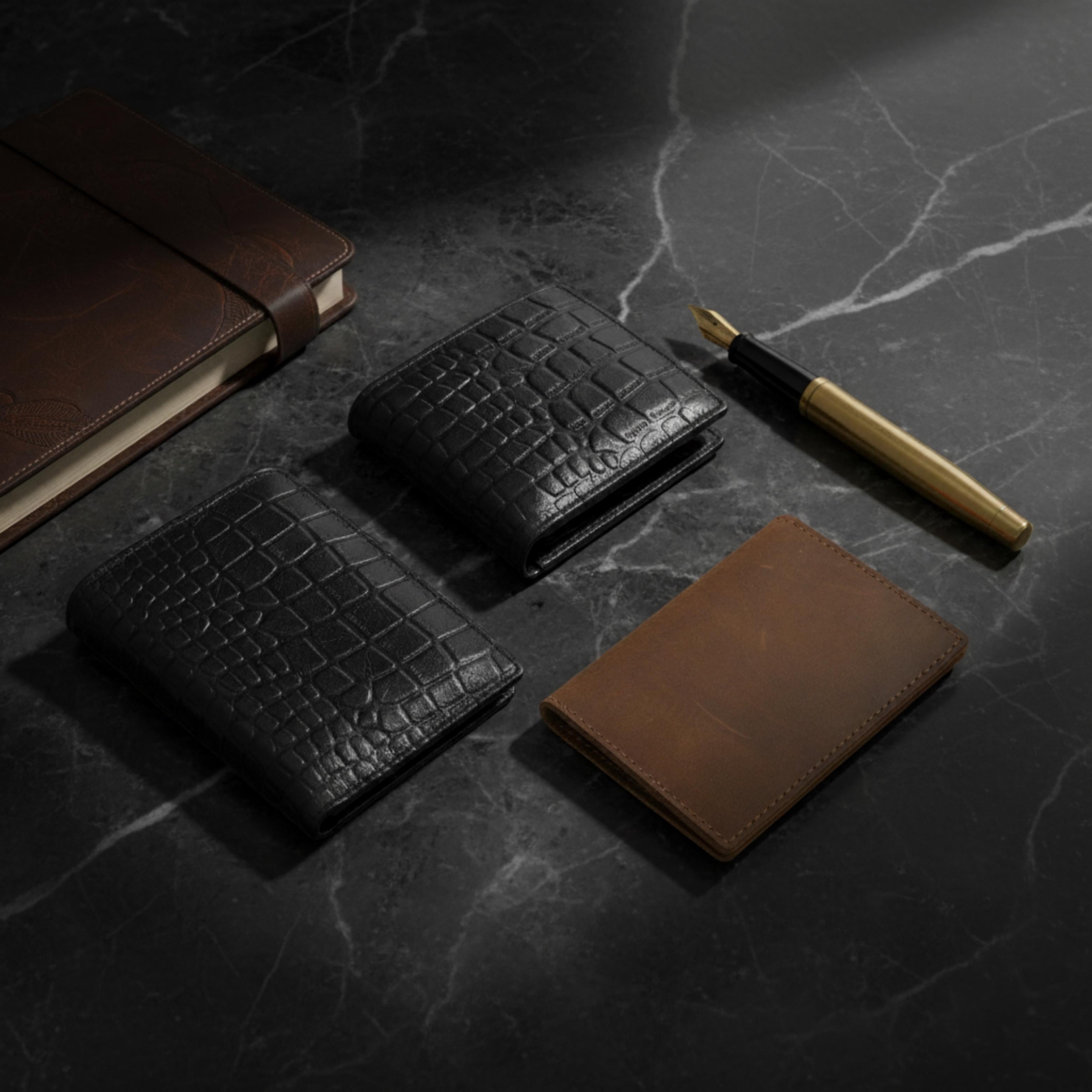 A luxurious flat lay of Jeengar's handcrafted leather corporate gifts, including wallets and accessories, styled on a dark marble desk for a professional presentation.