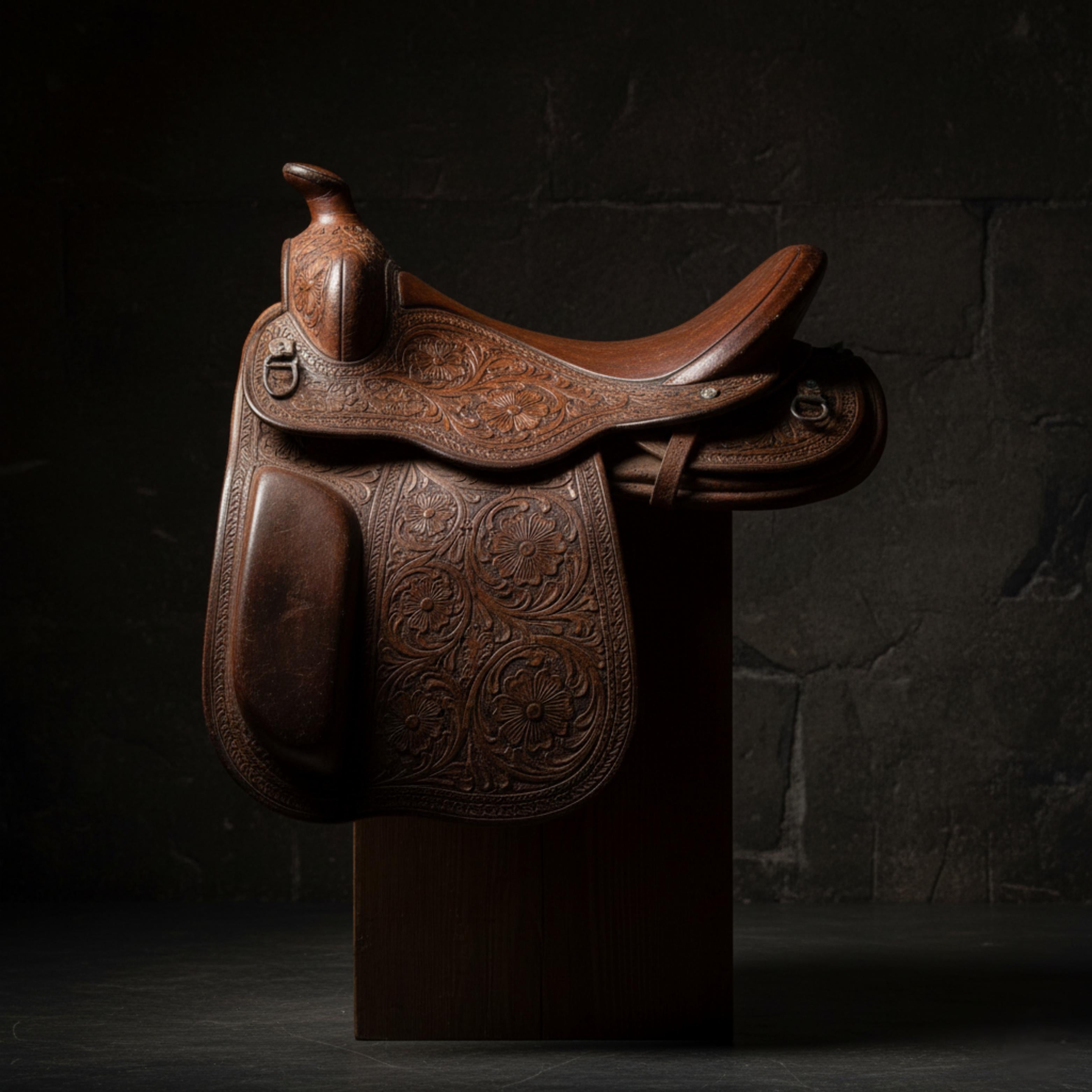 An antique, hand-tooled Rajasthani leather saddle, dramatically lit to represent the 500-year royal heritage of the Jeengar artisans.