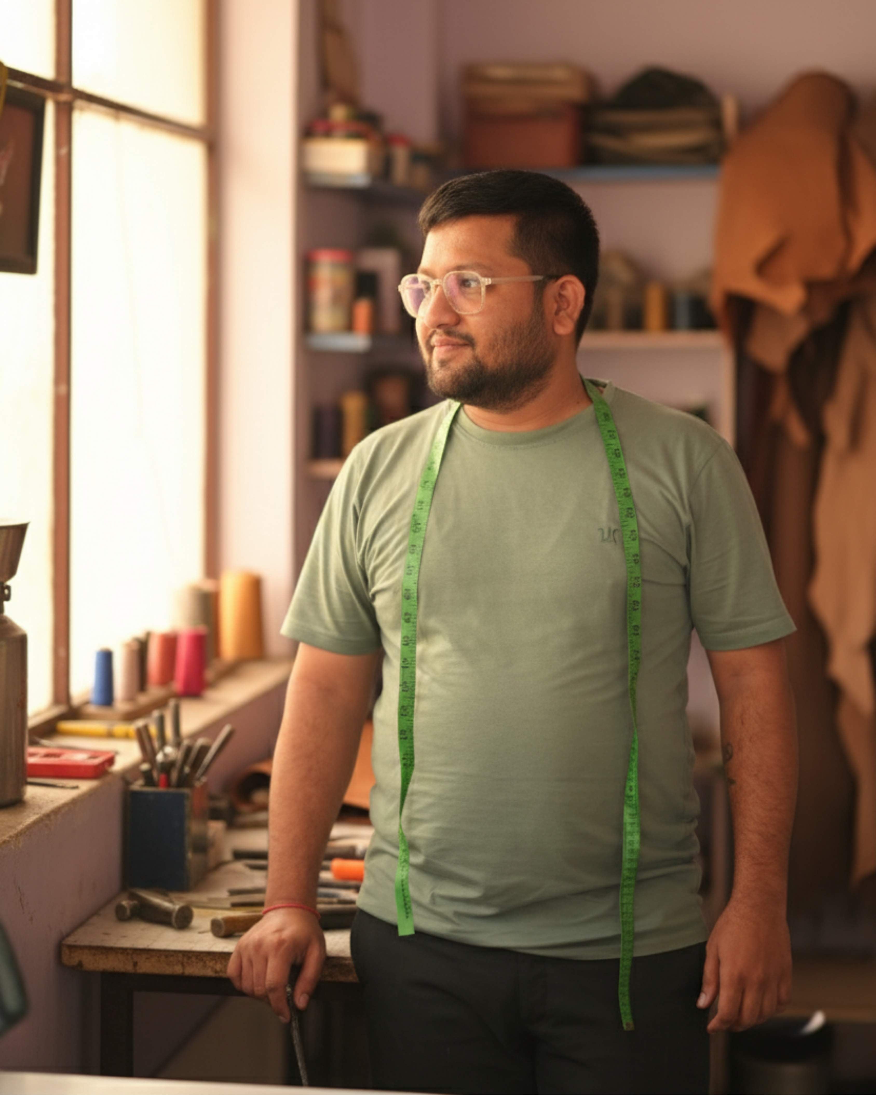 Ravi Jeenar Artisan wearing a green t-shirt with a measuring tape around his waist in a workshop setting.