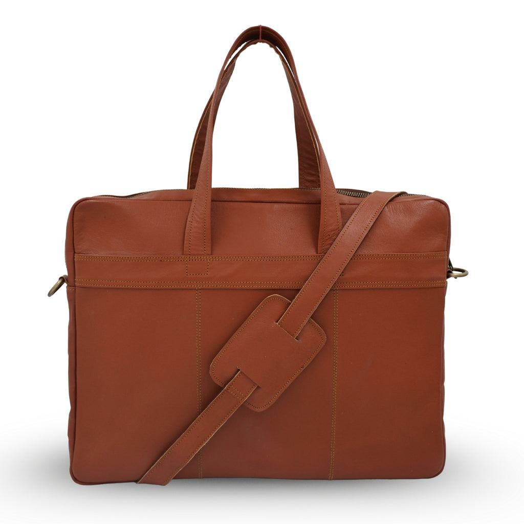Brown genuine leather briefcase with a shoulder strap on a white background