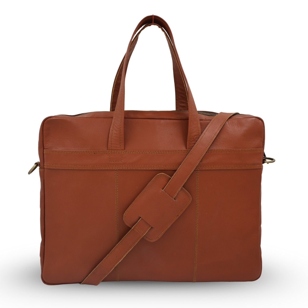 Brown genuine leather briefcase with a shoulder strap on a white background
