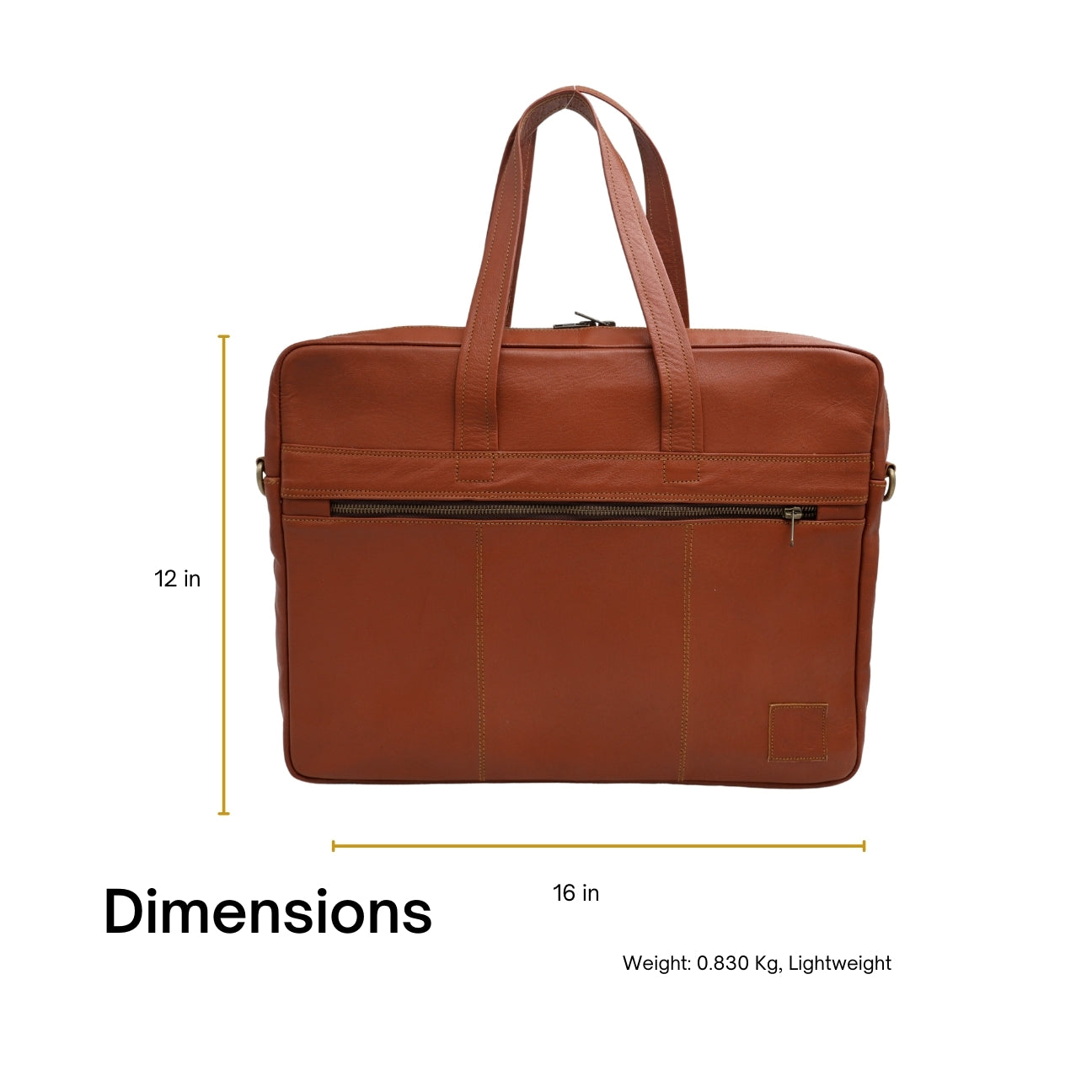 Brown leather briefcase with dimensions labeled on a white background