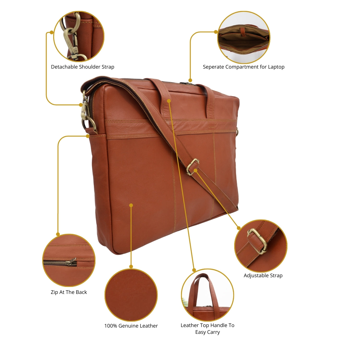 Brown leather briefcase with features highlighted on a white background