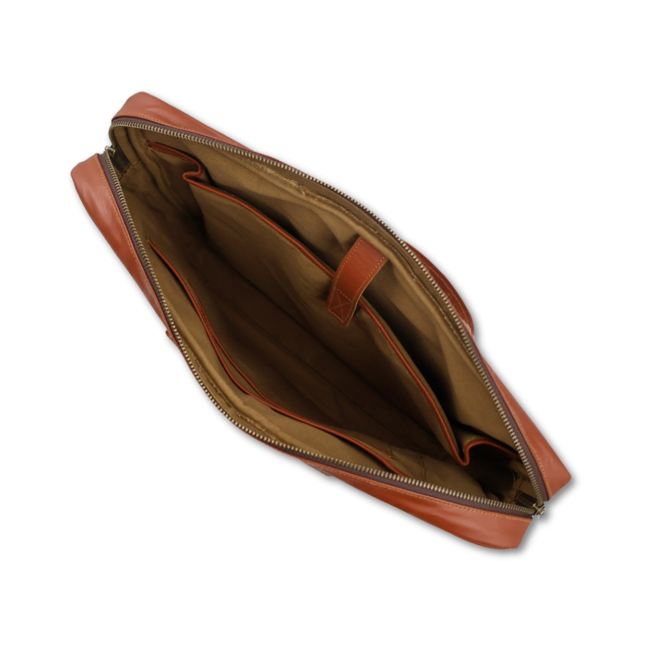 Open brown leather laptop bag on a white background
