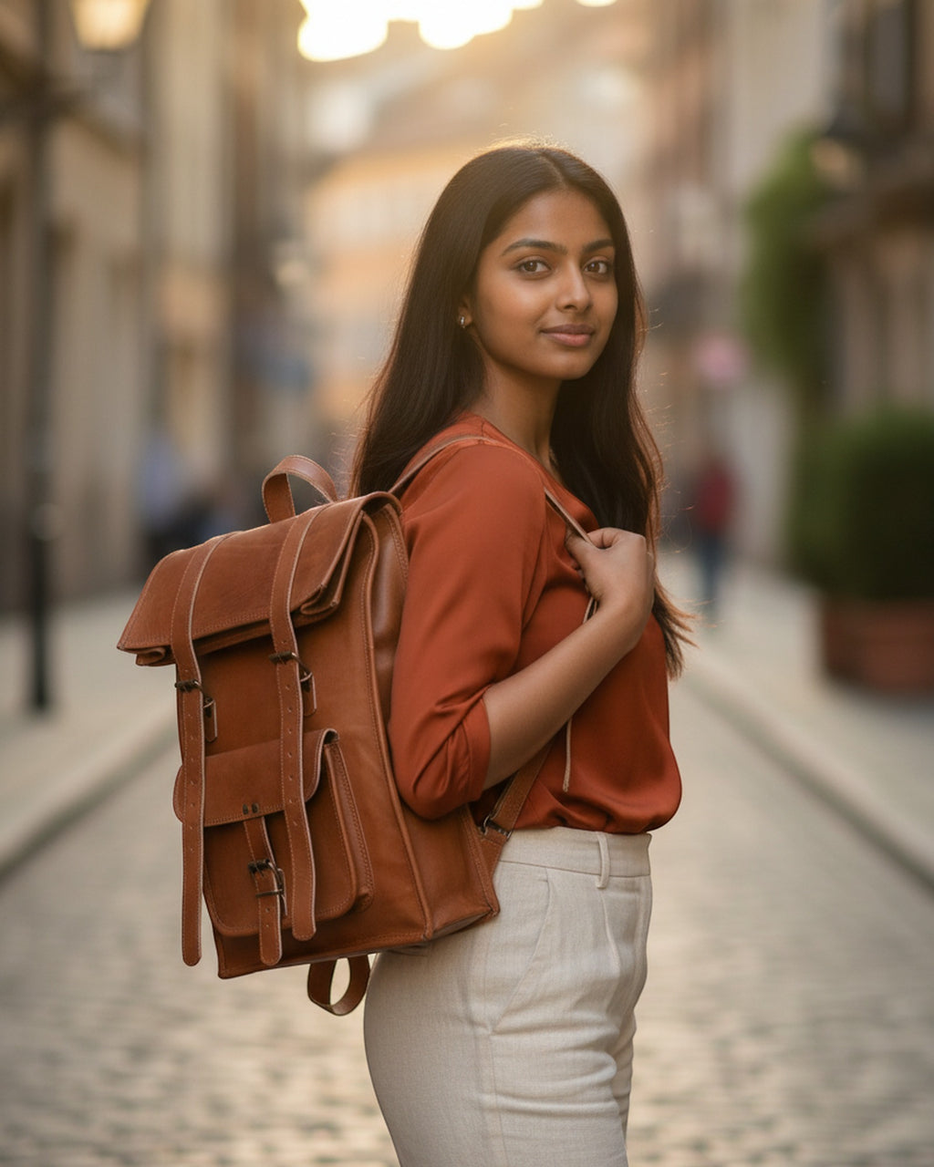 The Sariska Backpack worn on the back — tall tan leather rucksack in golden-hour light