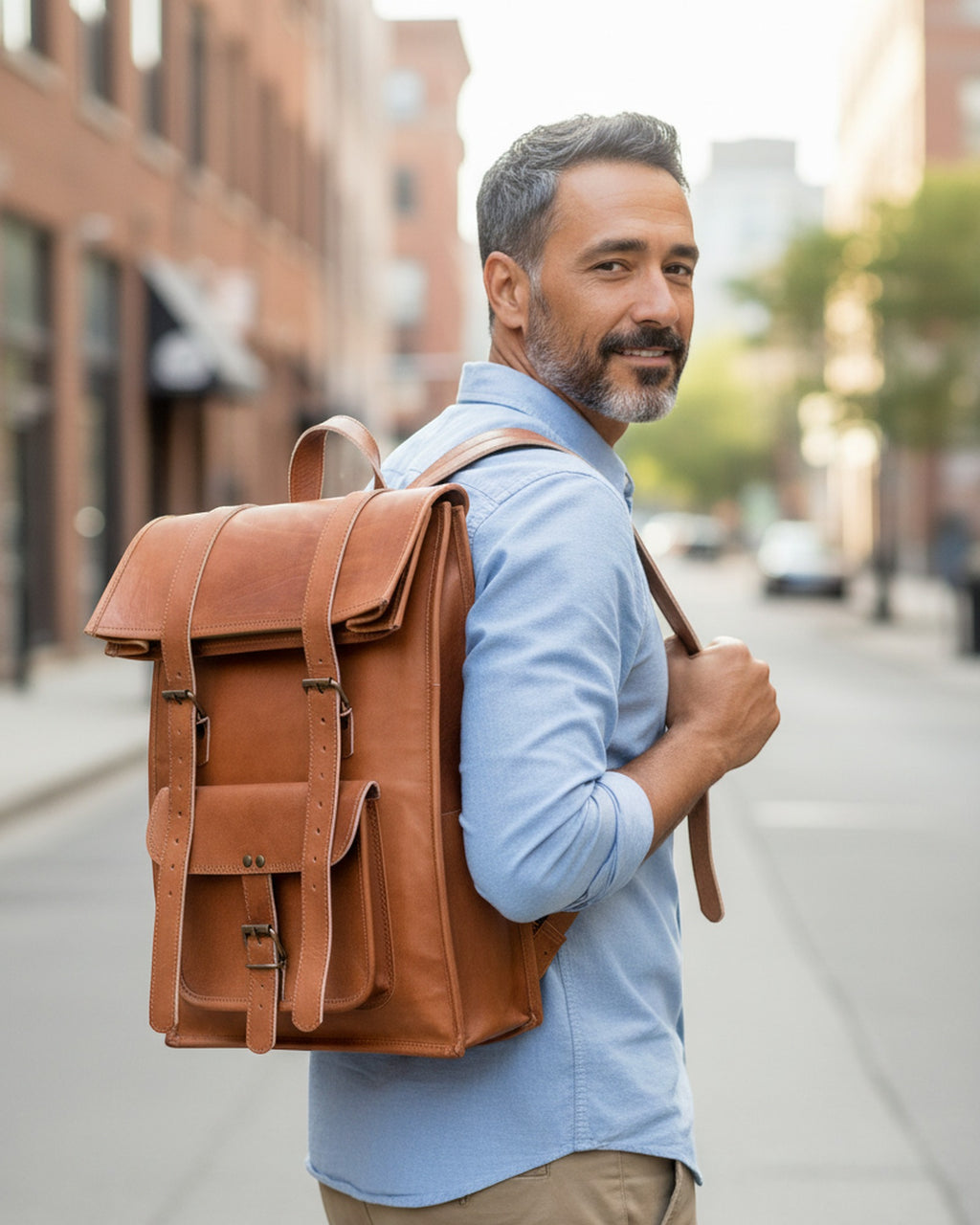 The Sariska Backpack carried on a city street — tall tan leather fold-over rucksack