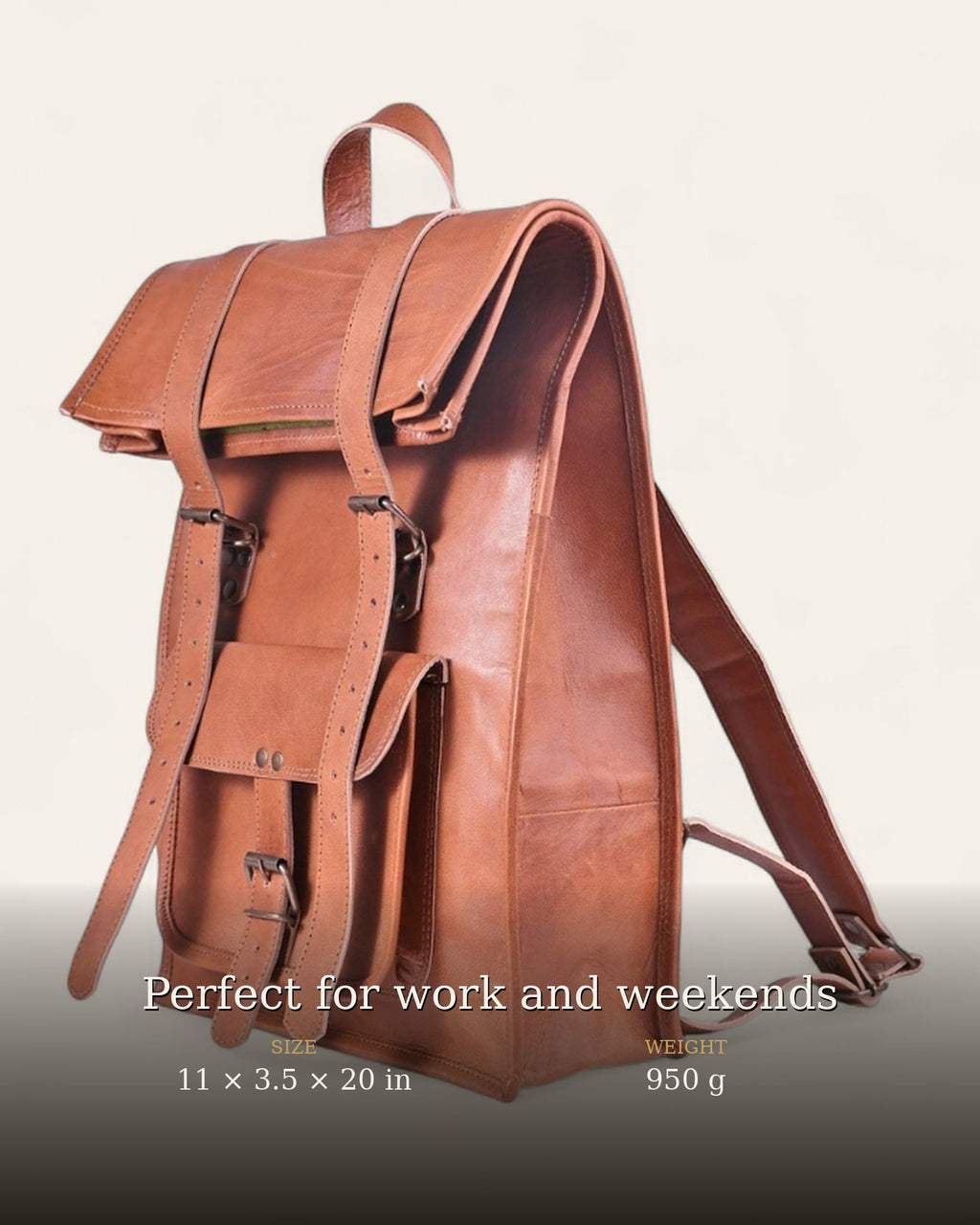 The Sariska Backpack — size and weight details, 11 x 3.5 x 20 in, 950 g
