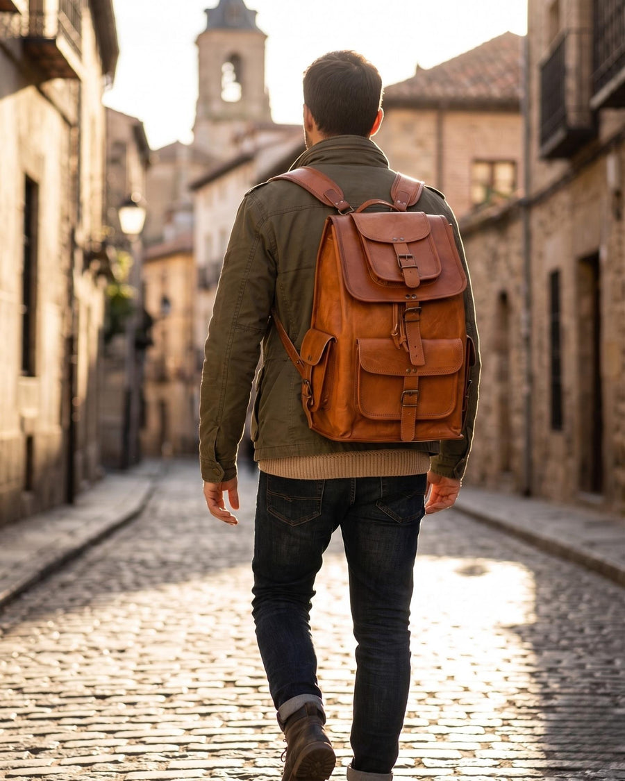 The Aravalli Backpack, a handcrafted tan goat leather rucksack featuring a buckled top flap and three exterior pockets by Jeengar.