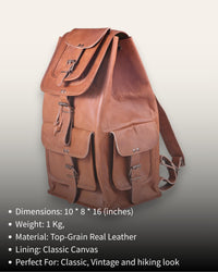 The Aravalli Backpack, a handcrafted tan goat leather rucksack featuring a buckled top flap and three exterior pockets by Jeengar.