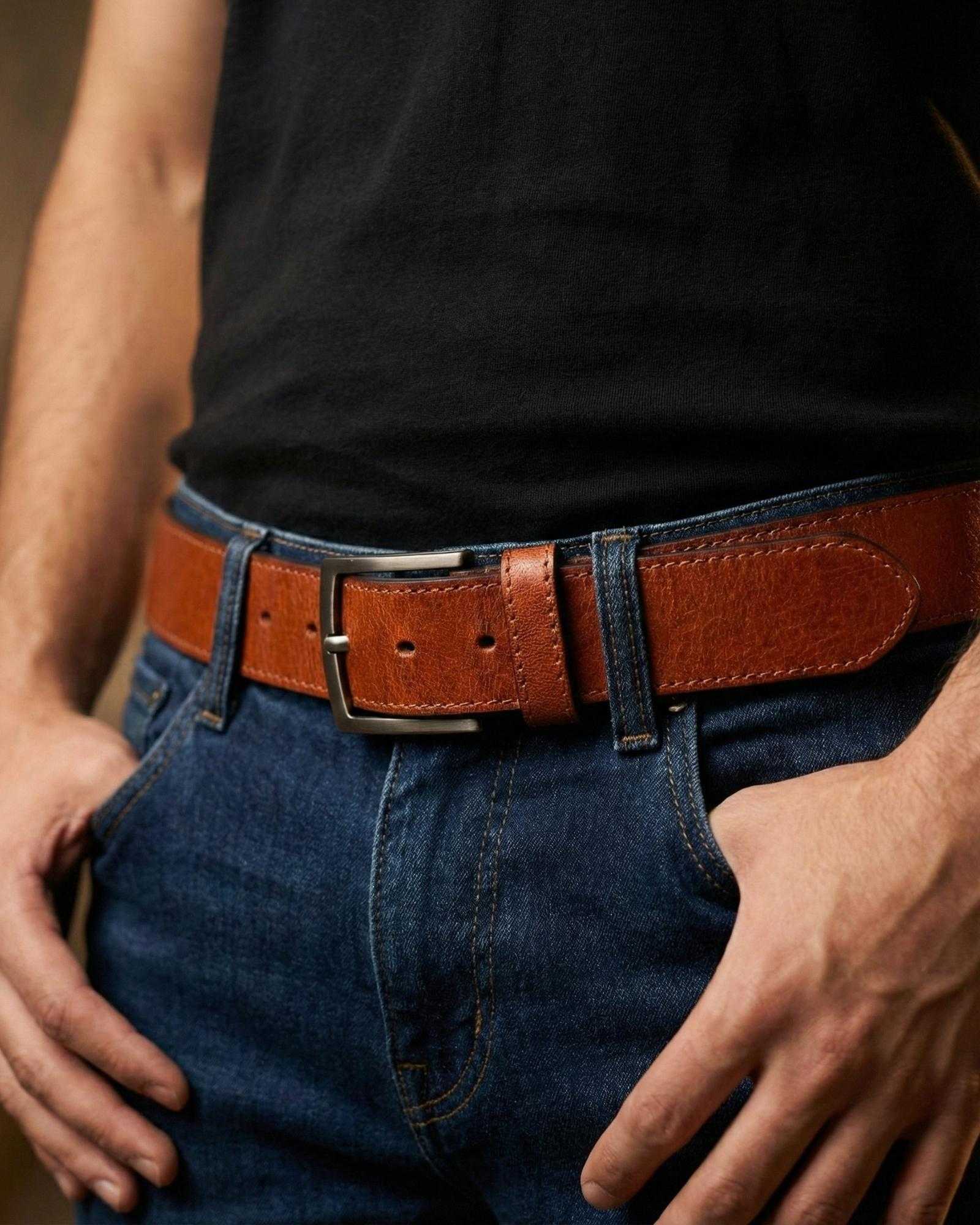 Tan brown real leather belt, best for casual and jeans