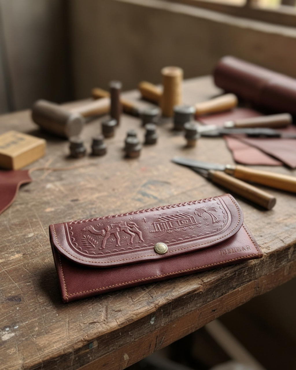 A real leather Ladies clutch or purse in cherry red color