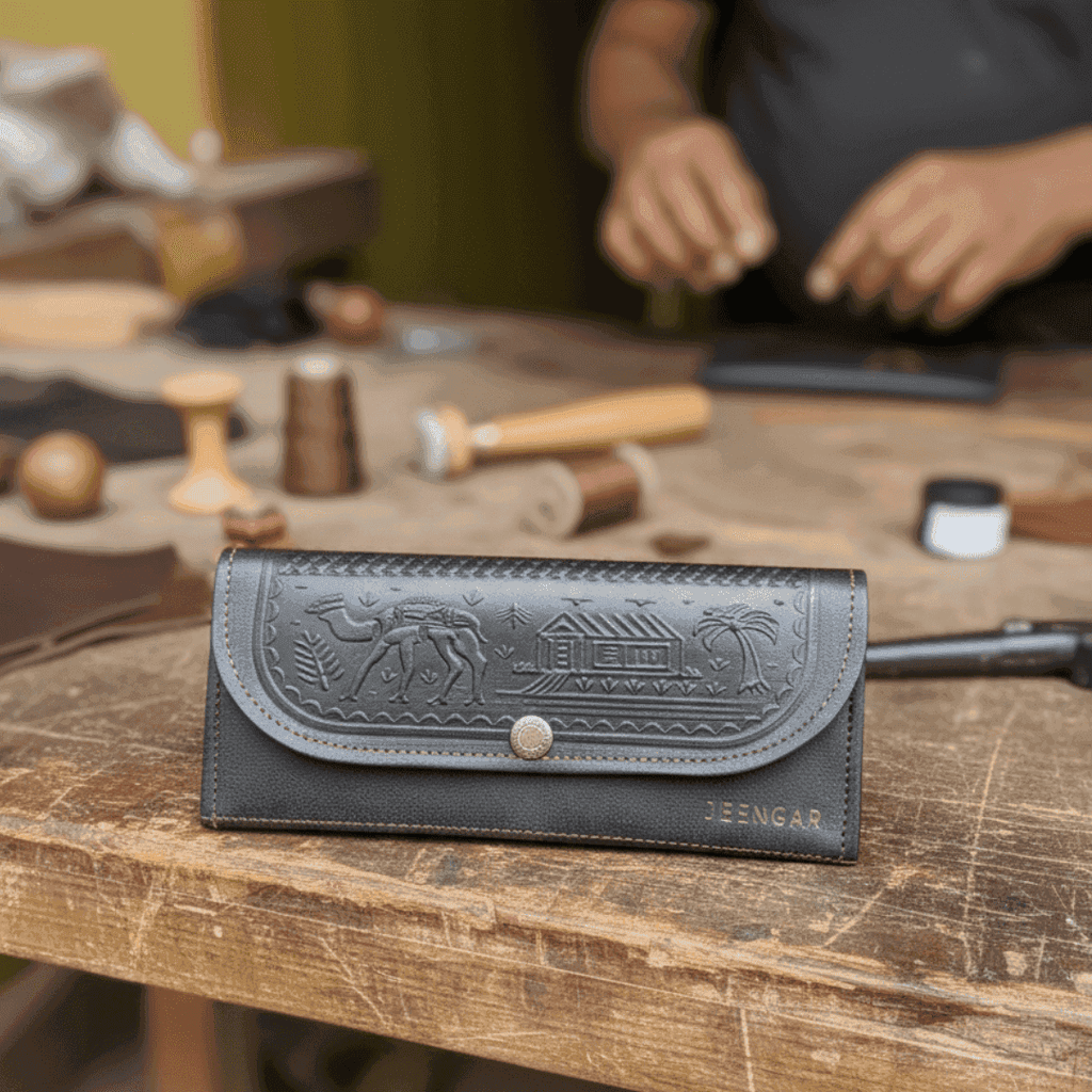 Black leather wallet with embossed design on a wooden table, with a person working in the background.