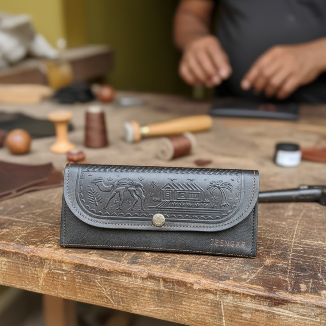 Black leather wallet with embossed design on a wooden table, with a person working in the background.