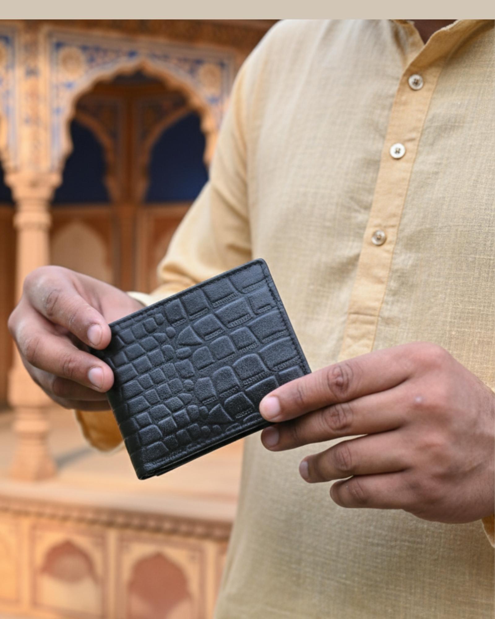 Real leather black wallet with pattern. Unique wallet