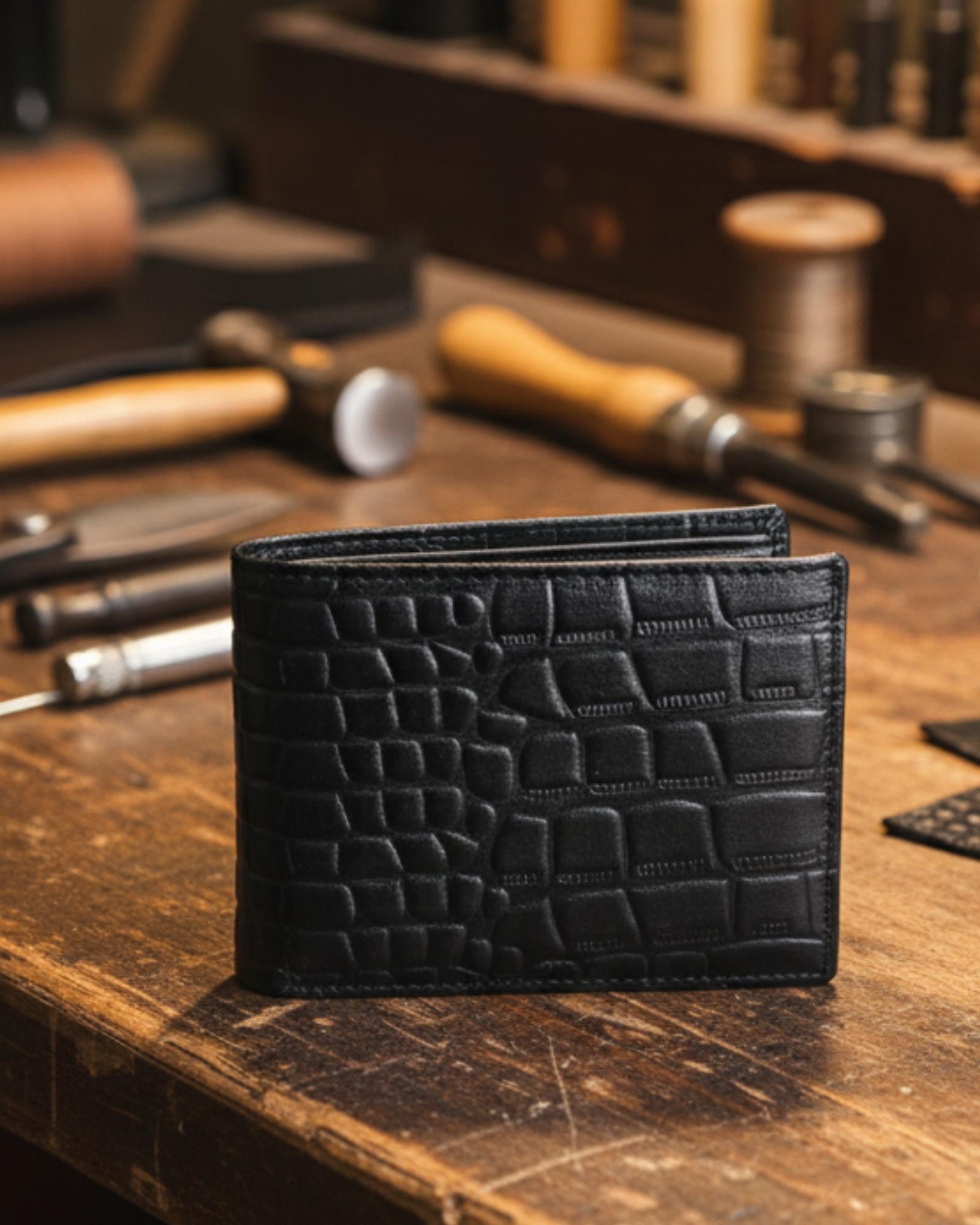 Real leather black wallet with pattern. Unique wallet