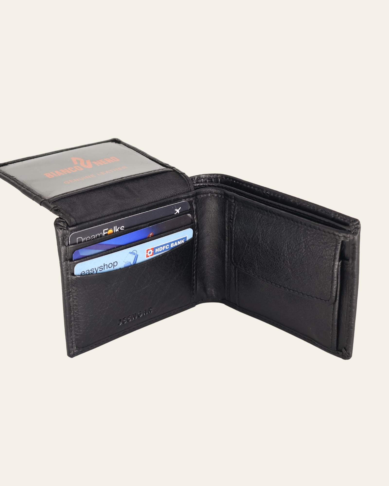 Real leather black wallet with pattern. Unique wallet