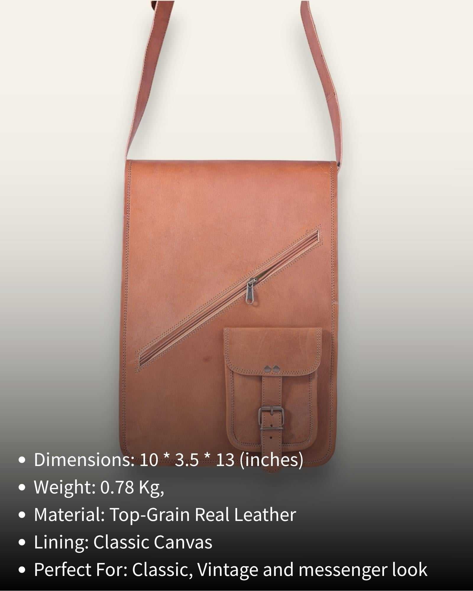 The Bundi Crossbody Bag, a tall handcrafted tan goat leather bag featuring a diagonal zipper