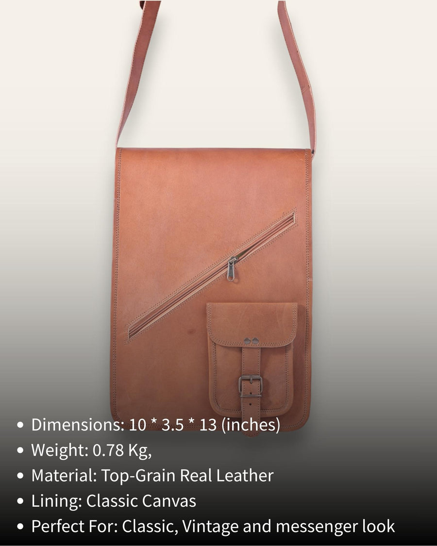 The Bundi Crossbody Bag, a tall handcrafted tan goat leather bag featuring a diagonal zipper