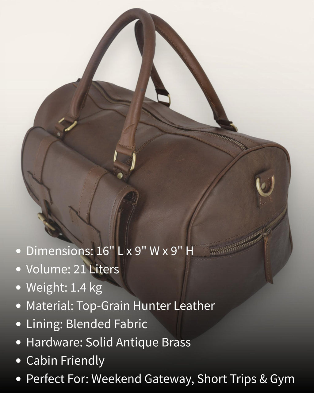 Classic, Cabin friendly brown real leather duffel bag