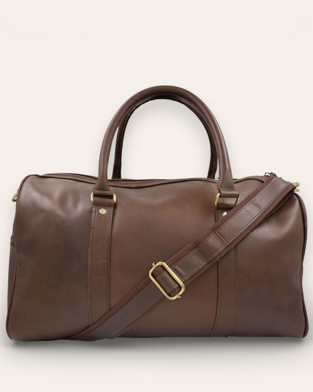 Classic, vintage, hunter leather duffel bag in dark brown color