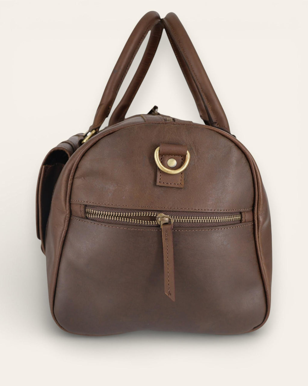 Classic, vintage, hunter leather duffel bag in dark brown color