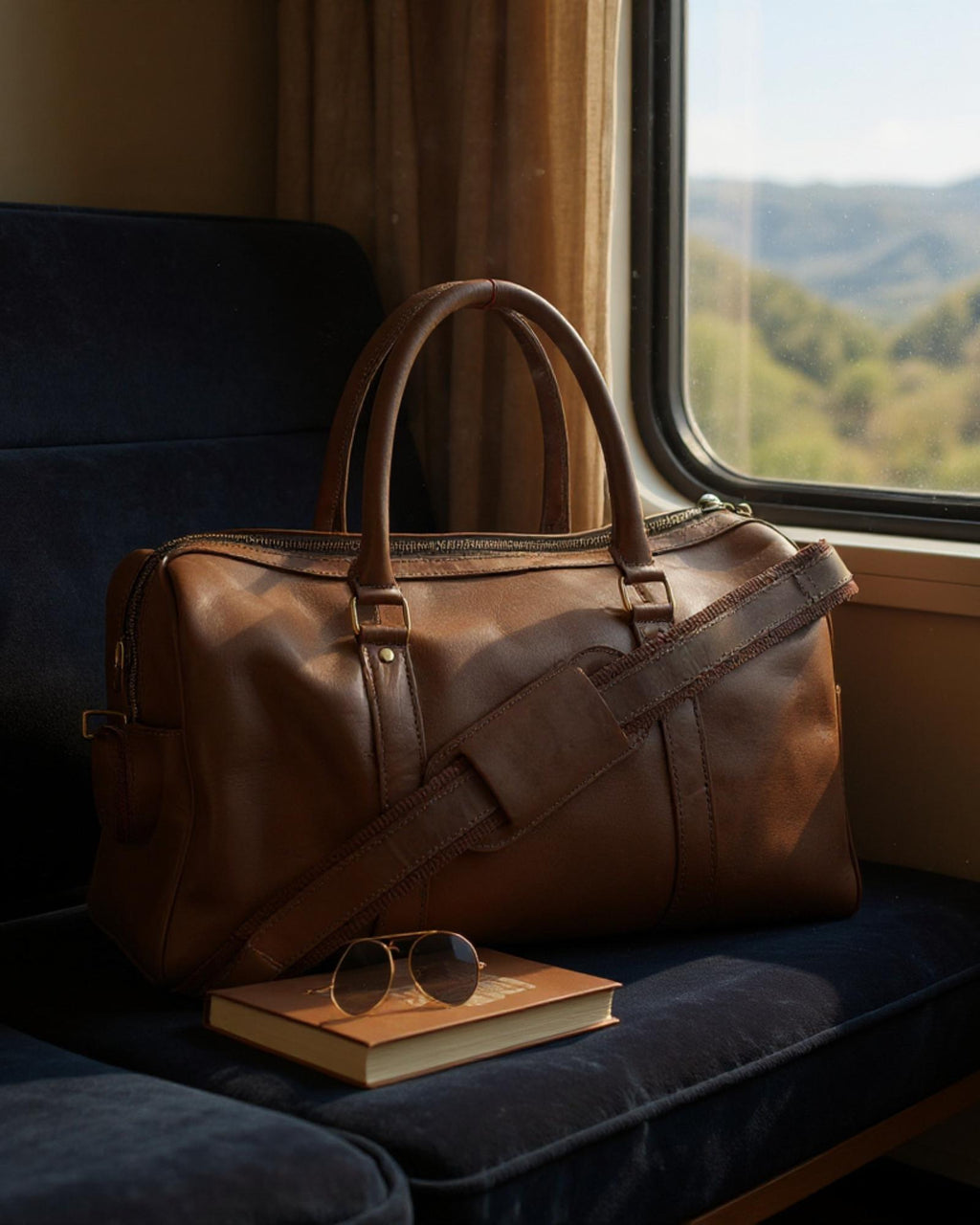 Classic, vintage, hunter leather duffel bag in dark brown color
