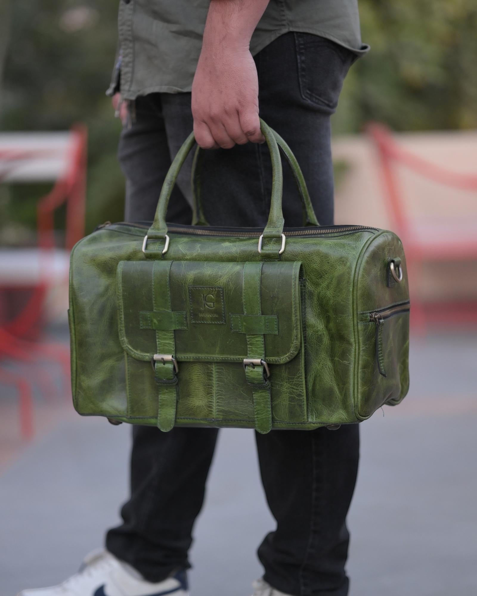 The_Shekhawati_Weekender, Classic, vintage luxury duffel bag in green color