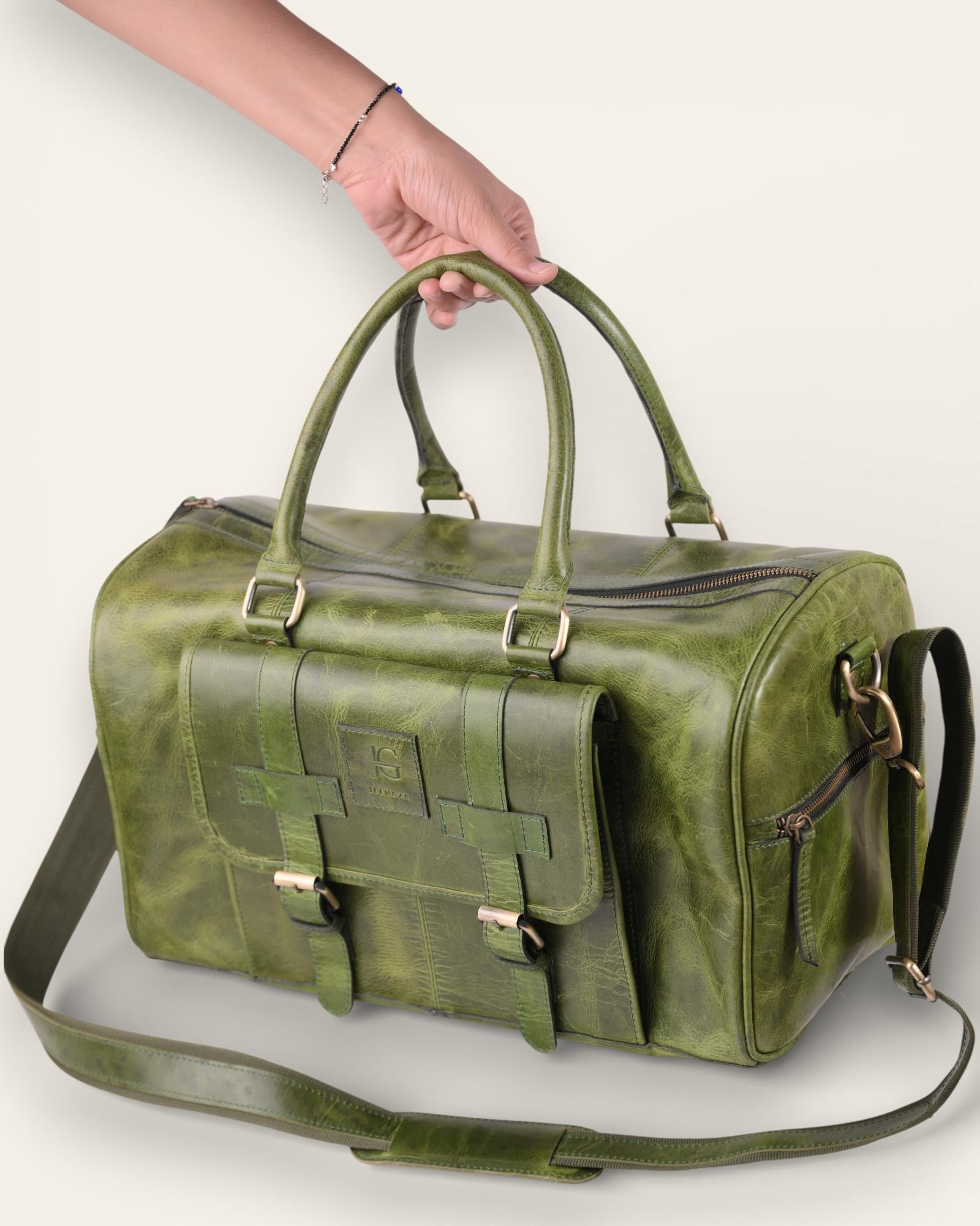 Cabin friendly real leather duffel bag in green color