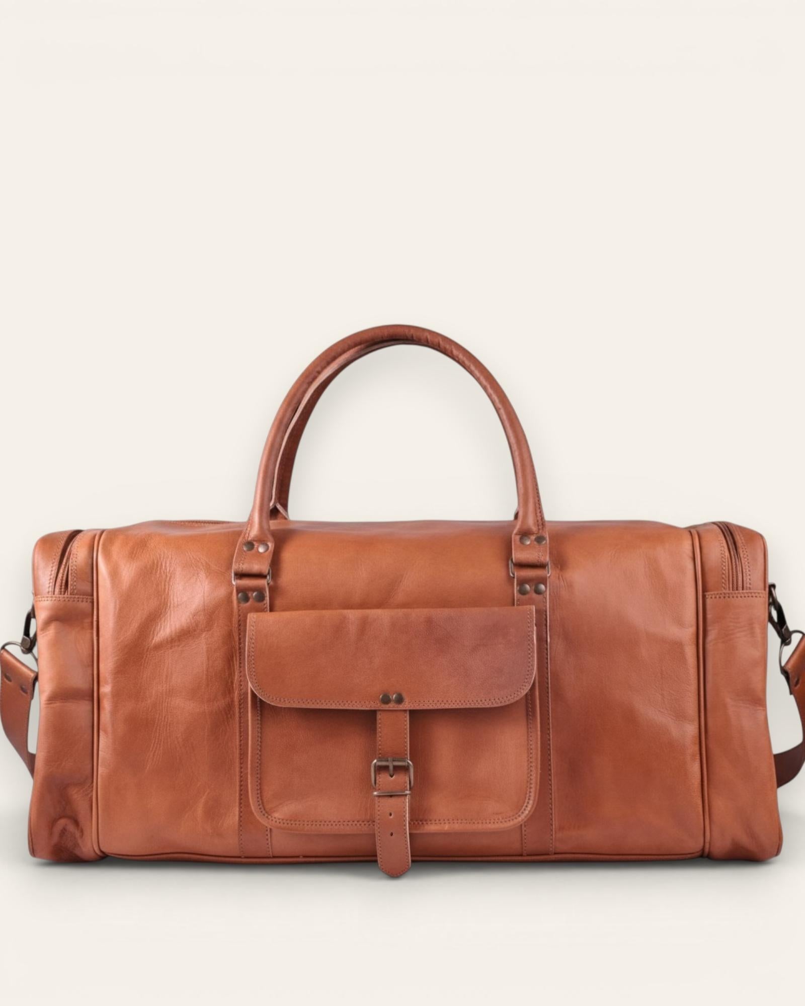 A real leather tan color duffel bag. spacious and premium