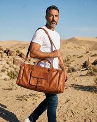 A real leather tan color duffel bag. spacious and premium