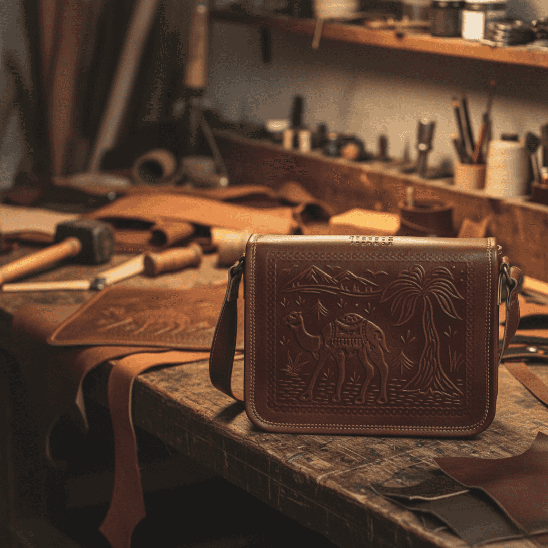 Cherry leather bag with embossed design on a workbench in a workshop.