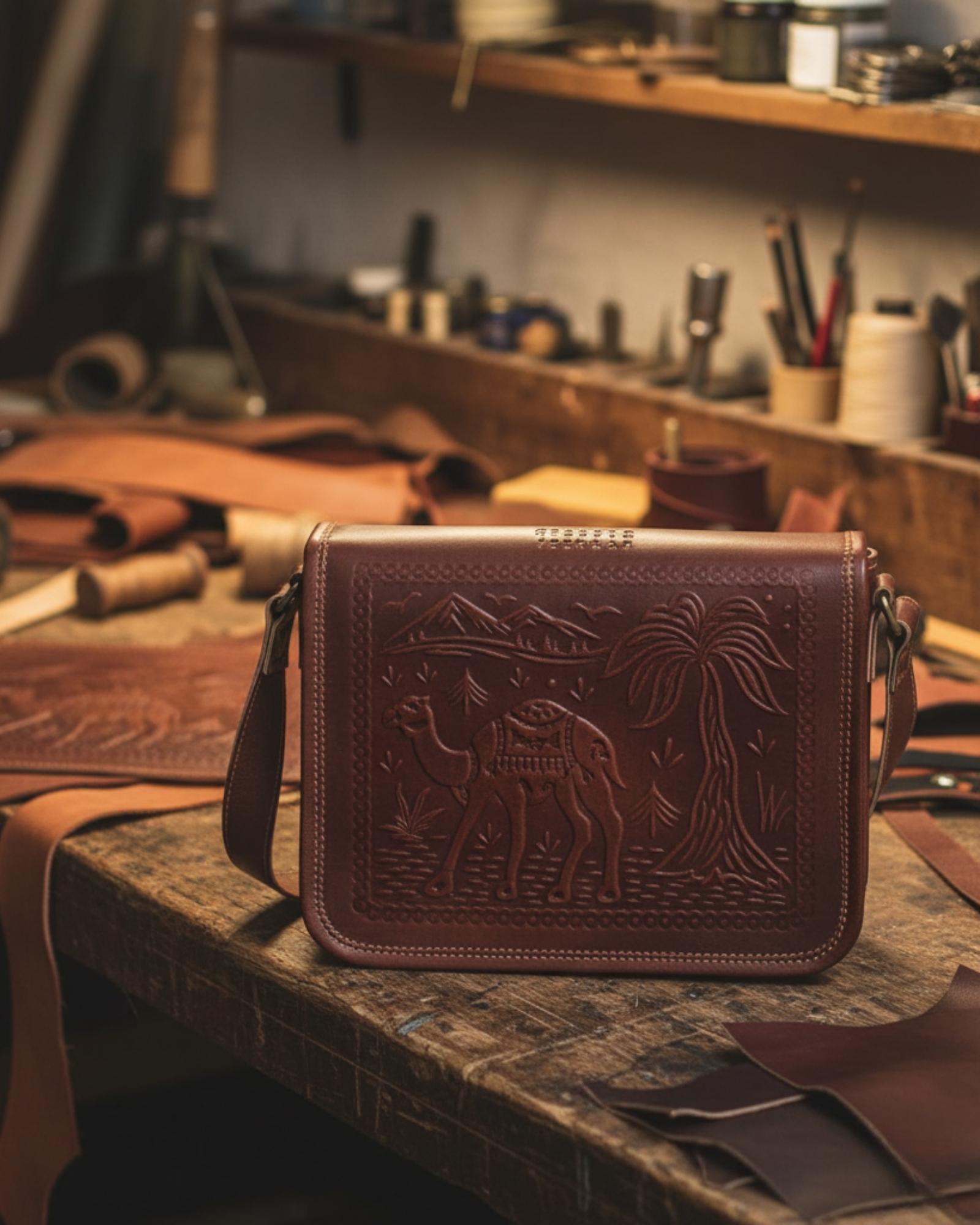 a cherry color real leather sling bag. Handmade in rajasthan